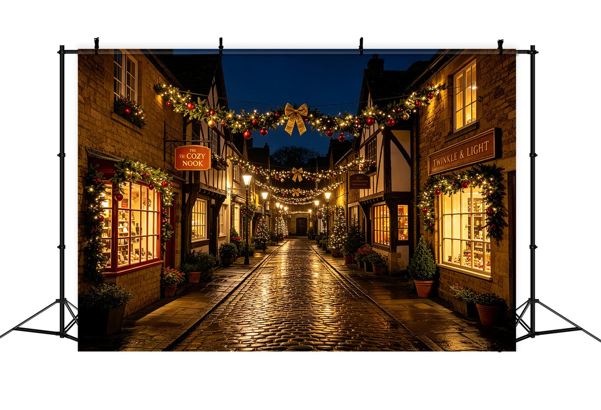 Christmas Street Backdrop Rustic Village Garland Street Photo Christmas BackdropsUK ZTT69-35