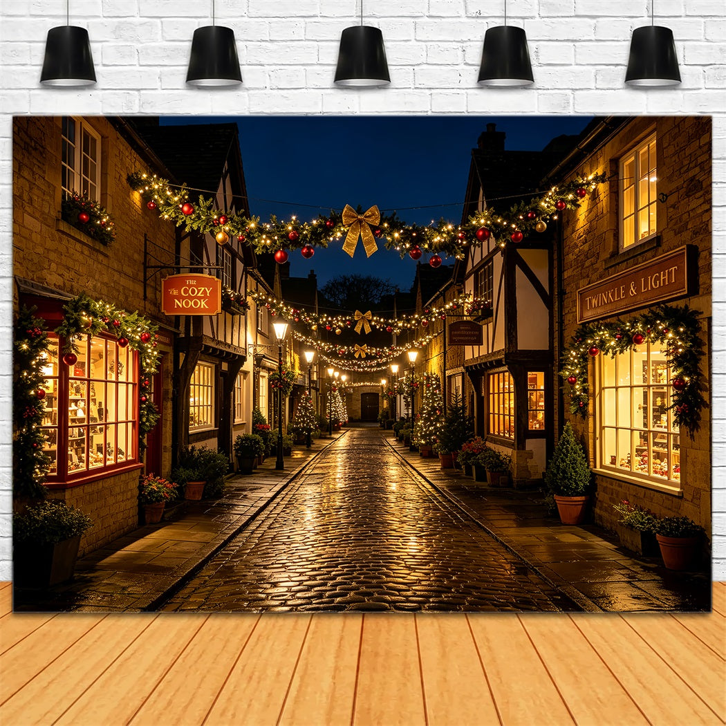Christmas Street Backdrop Rustic Village Garland Street Photo Christmas BackdropsUK ZTT69-35