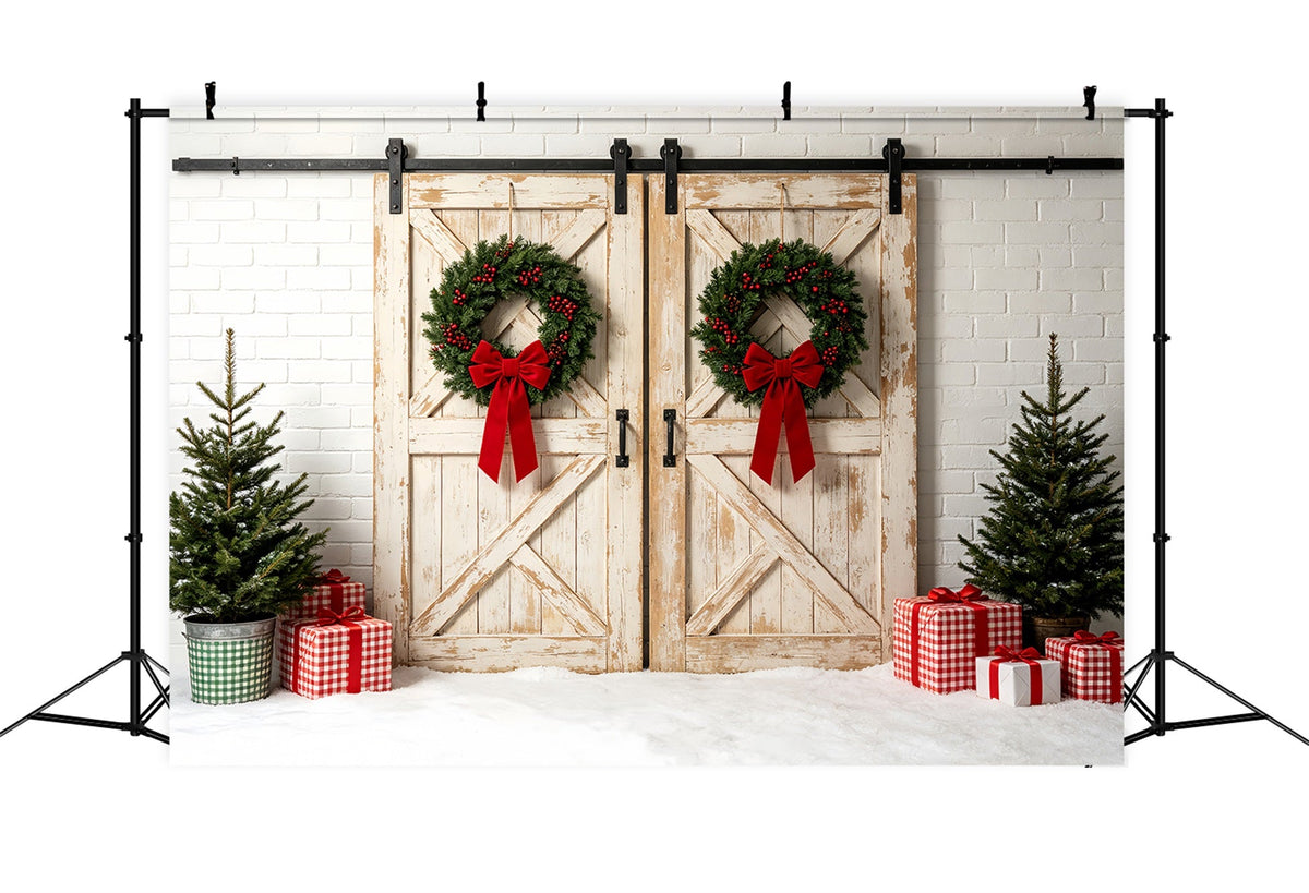 Christmas Wall Backdrop White Barn Door Wreath Studio Christmas BackdropUK ZTT69-37