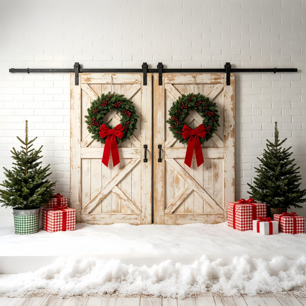 Christmas Wall Backdrop White Barn Door Wreath Studio Christmas BackdropUK ZTT69-37