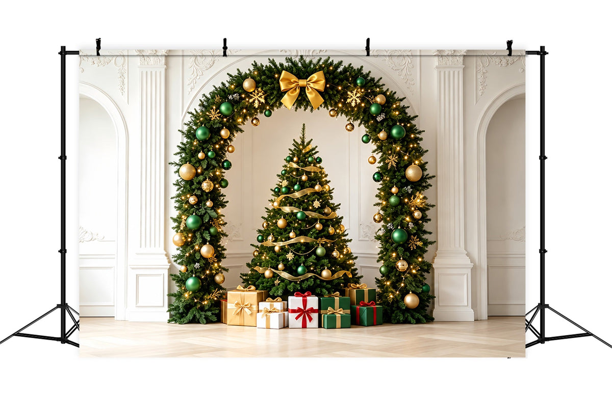 Christmas Ornament Backdrop Elegant Green Gold Arch Studio Christmas BackdropsUK ZTT69-38