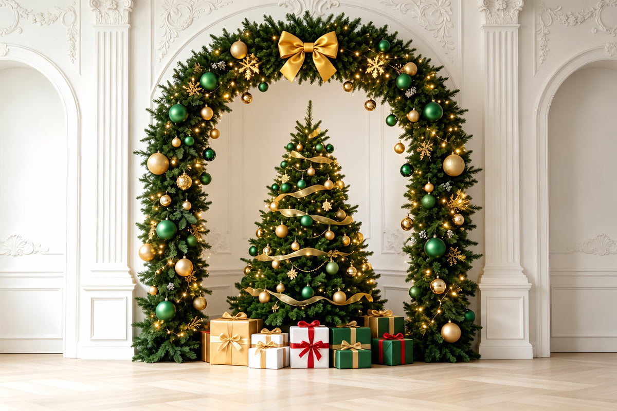 Christmas Ornament Backdrop Elegant Green Gold Arch Studio Christmas BackdropsUK ZTT69-38