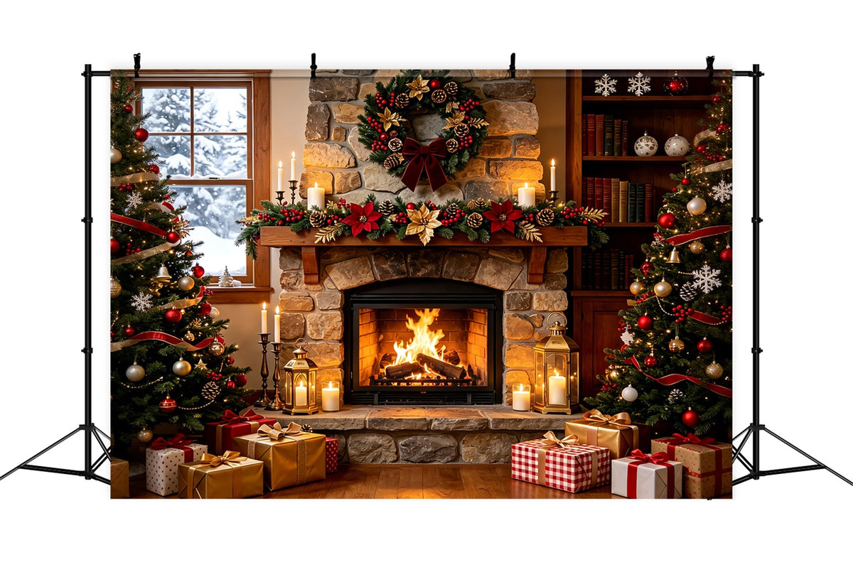 Cozy Christmas Backdrop Stone Fireplace Garland Glow Christmas Indoor BackdropUK ZTT69-4