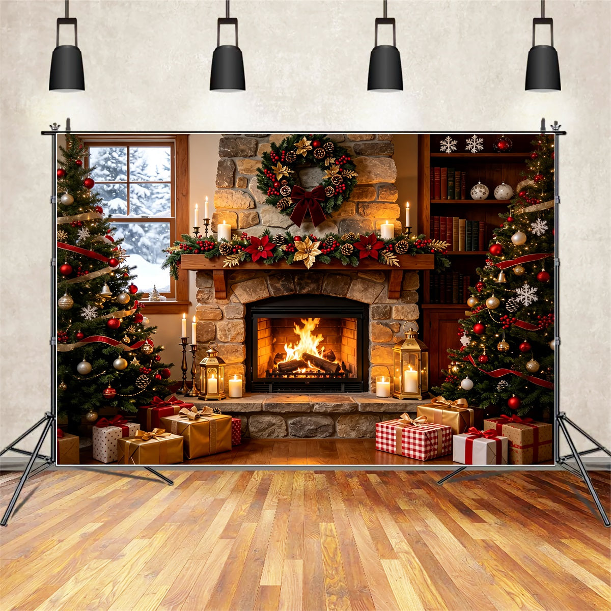 Cozy Christmas Backdrop Stone Fireplace Garland Glow Christmas Indoor BackdropUK ZTT69-4