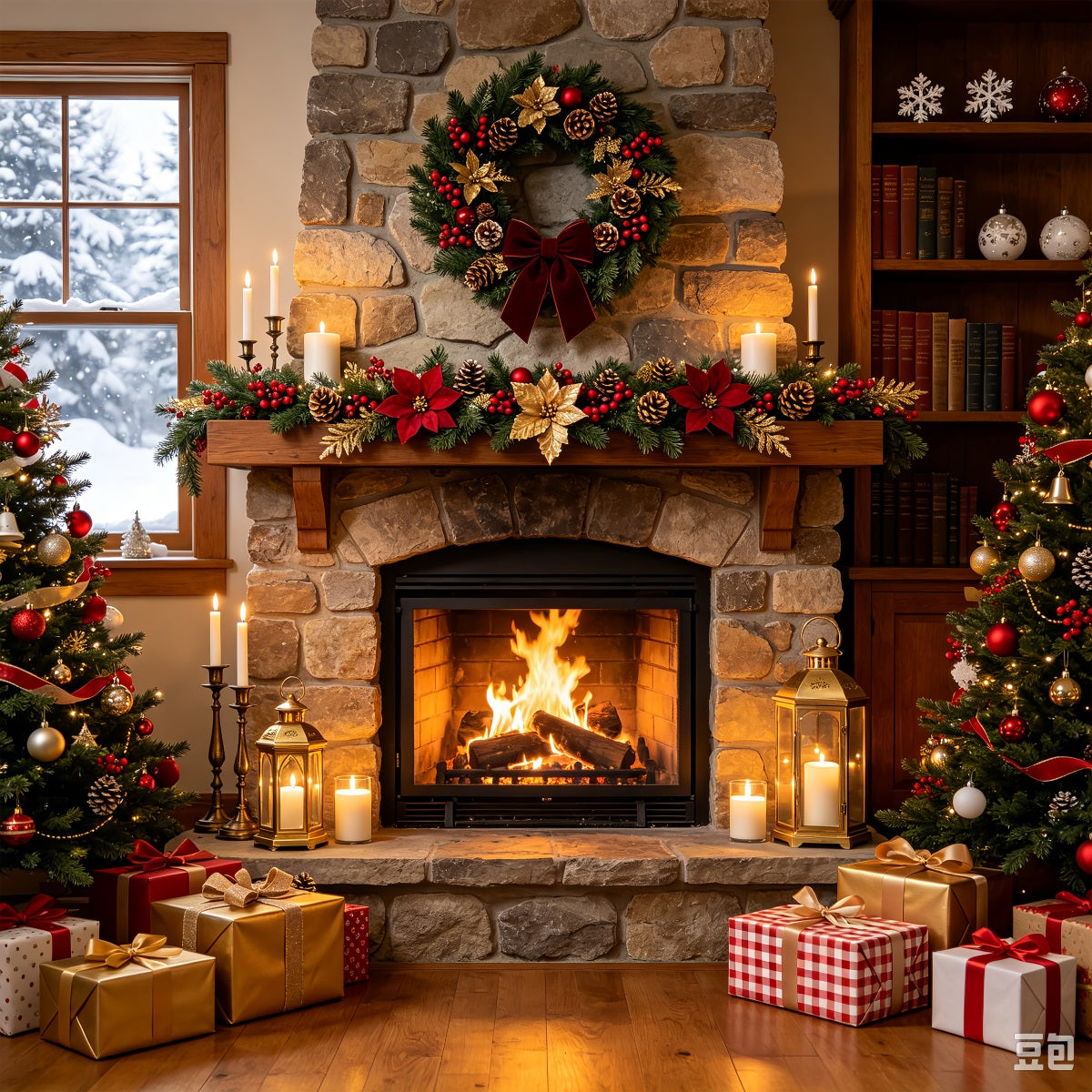 Cozy Christmas Backdrop Stone Fireplace Garland Glow Christmas Indoor BackdropUK ZTT69-4