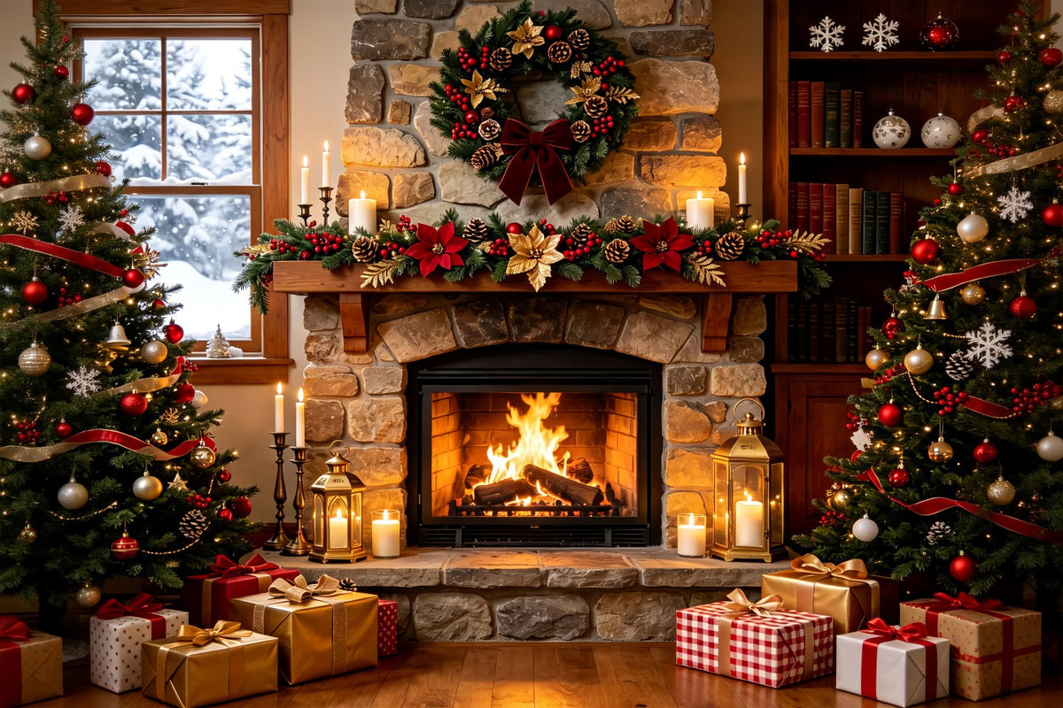 Cozy Christmas Backdrop Stone Fireplace Garland Glow Christmas Indoor BackdropUK ZTT69-4