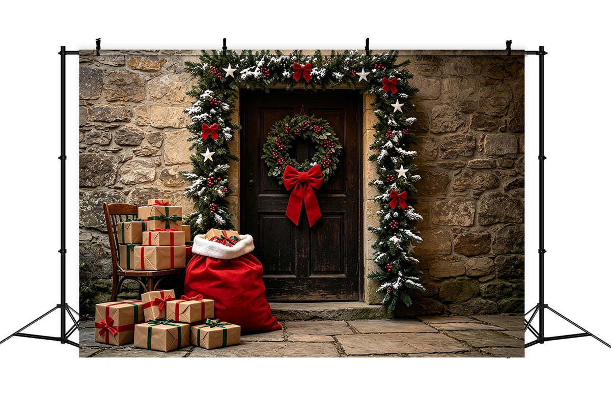 Country Christmas Backdrop Stone Door Garland Entrance Muslin Christmas BackdropUK ZTT69-45