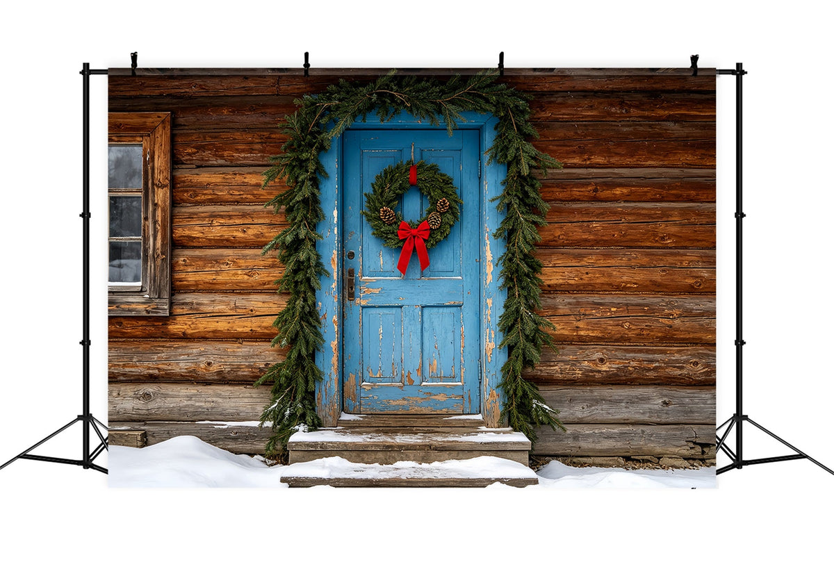 Wooden Christmas Backdrop Rustic Blue Door Cabin Muslin Backdrop ChristmasUK ZTT69-46