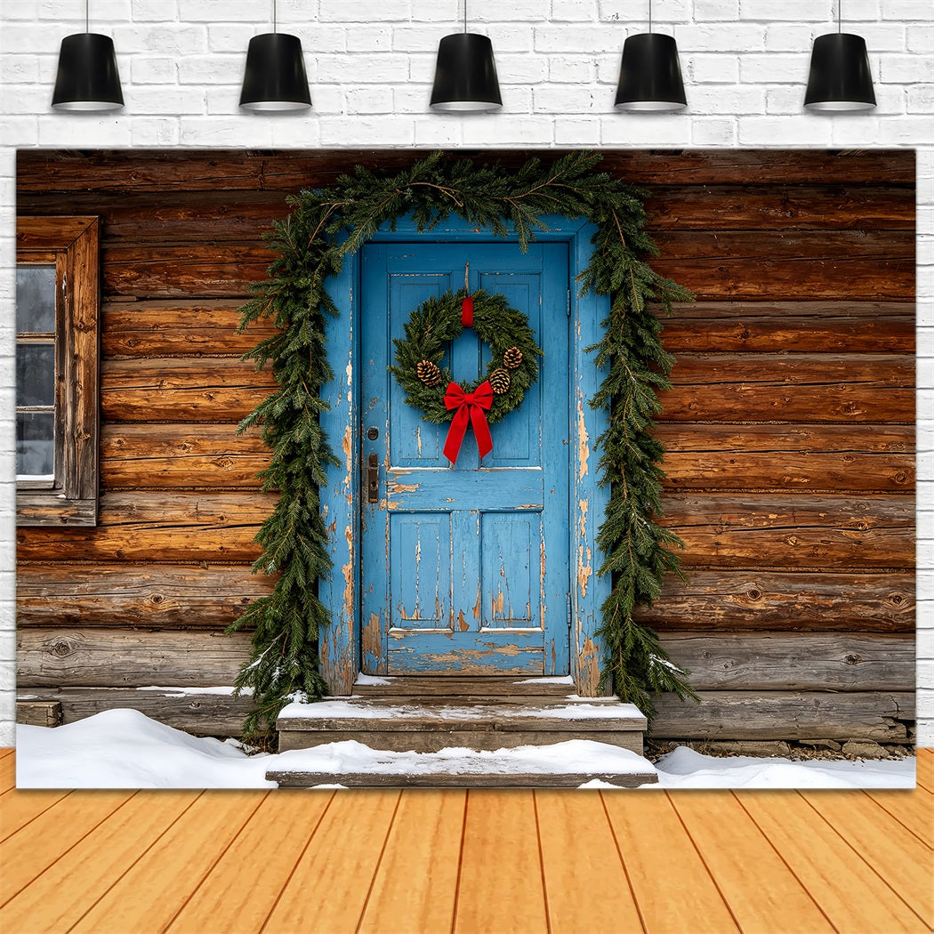 Wooden Christmas Backdrop Rustic Blue Door Cabin Muslin Backdrop ChristmasUK ZTT69-46