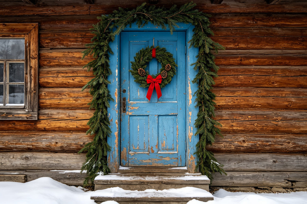 Wooden Christmas Backdrop Rustic Blue Door Cabin Muslin Backdrop ChristmasUK ZTT69-46