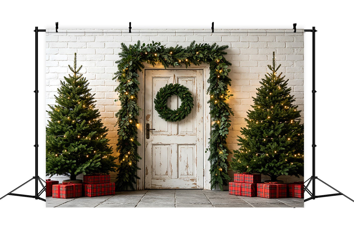 Christmas Greenery Backdrop White Door Garland Entrance Photographic Backdrops ChristmasUK ZTT69-47