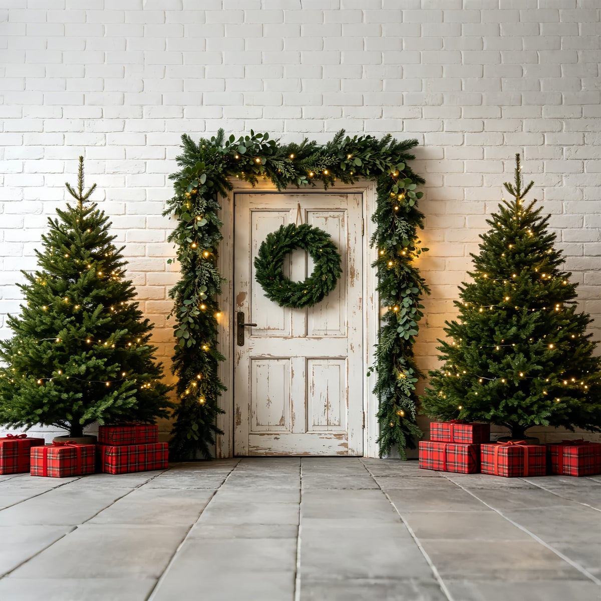Christmas Greenery Backdrop White Door Garland Entrance Photographic Backdrops ChristmasUK ZTT69-47