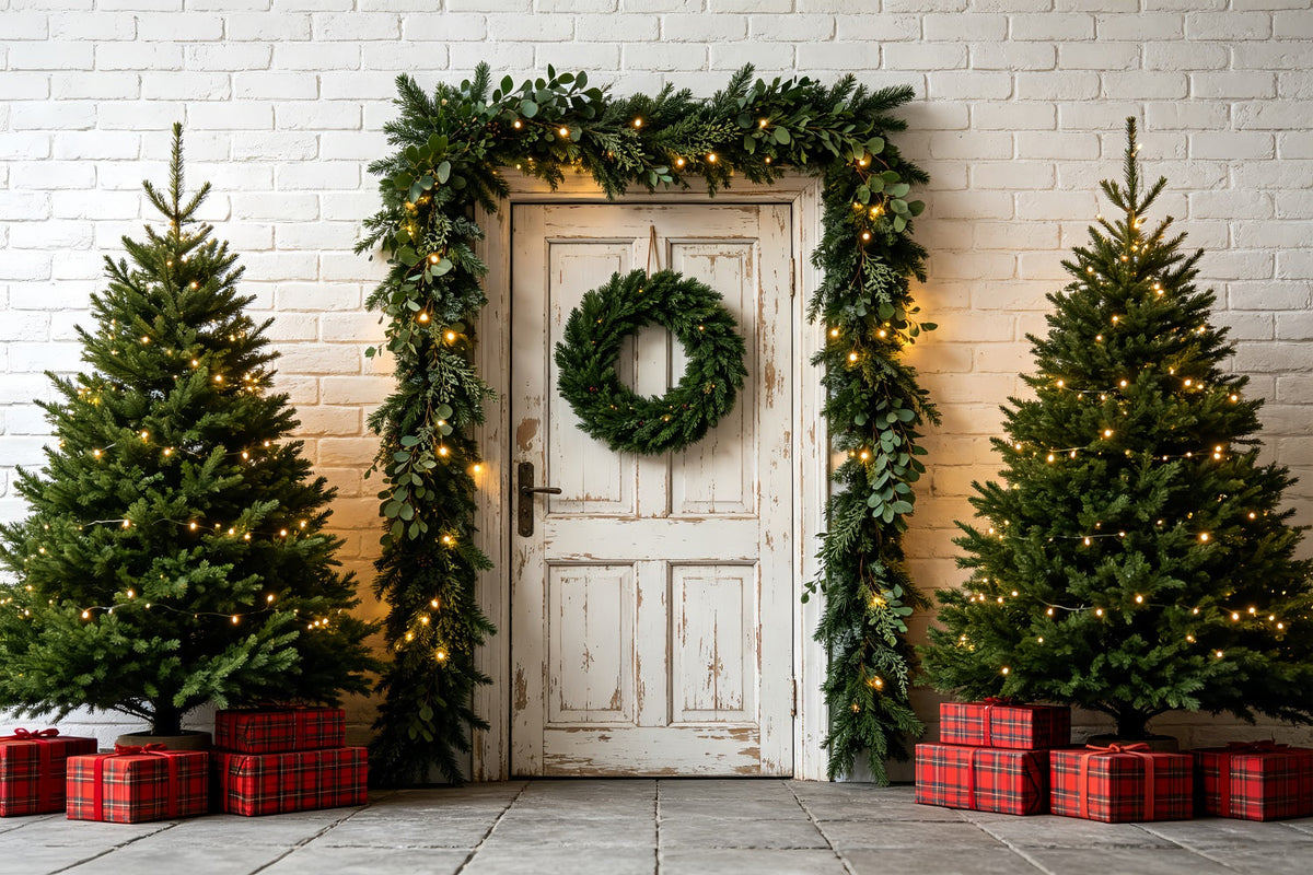 Christmas Greenery Backdrop White Door Garland Entrance Photographic Backdrops ChristmasUK ZTT69-47