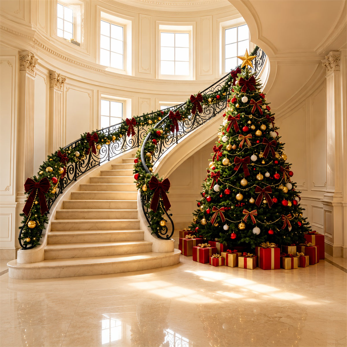 Victorian Christmas Backdrops Elegant Staircase Garland Decor Indoor Christmas BackdropsUK ZTT69-5