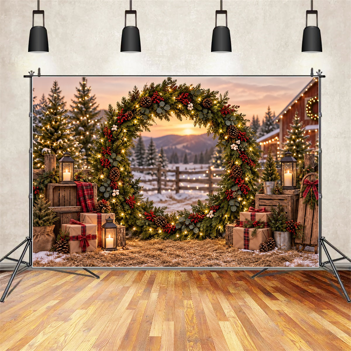 Christmas Tree Farm Photo Backdrop Evergreen Wreath Farm Gateway Christmas Tree Backdrop UK ZTT69-52