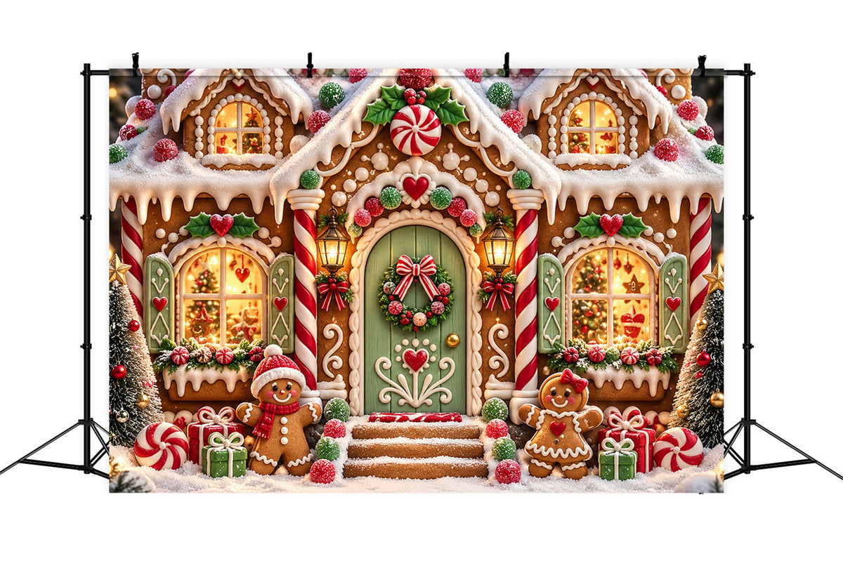 Gingerbread House Backdrop Snowy Cartoon Candy Cottage Gingerbread Backdrop UK ZTT69-56