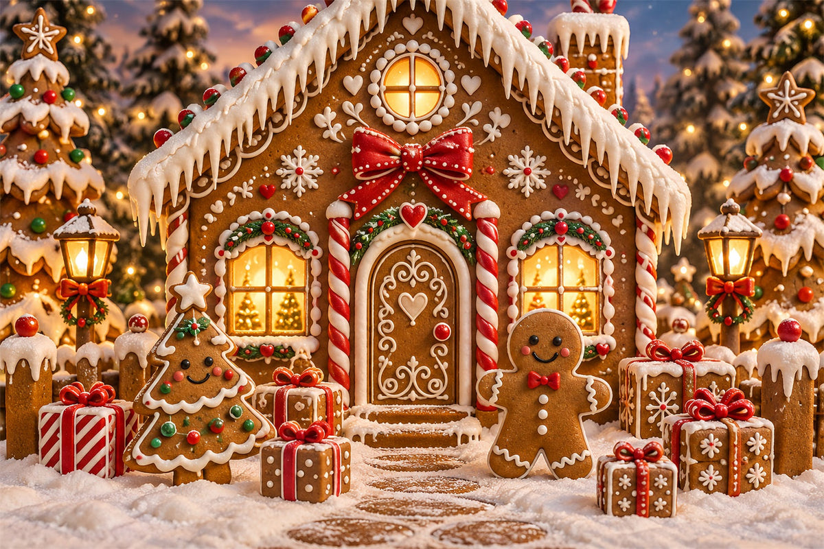 Gingerbread House Backdrop Candy Cottage Snowy Trees Candy Cane Backdrop UK ZTT69-57