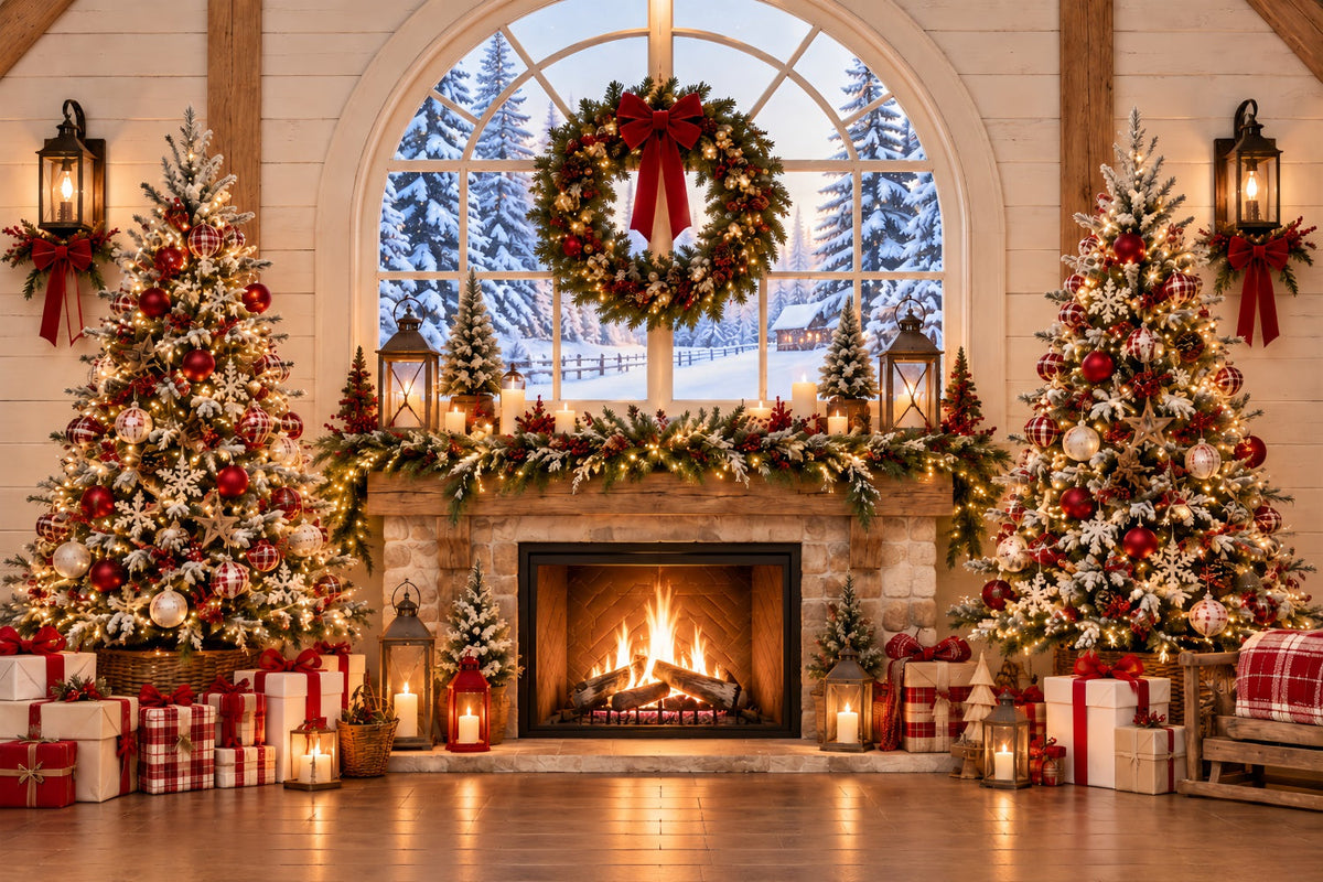 Christmas Backdrops 10x10 Rustic Fireplace Wreath Interior Santa Workshop Backdrop UK ZTT69-60