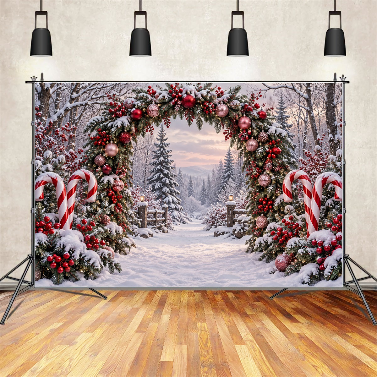 Backdrop Christmas Snowy Forest Candy Cane Arch Xmas Backdrop UK ZTT69-63