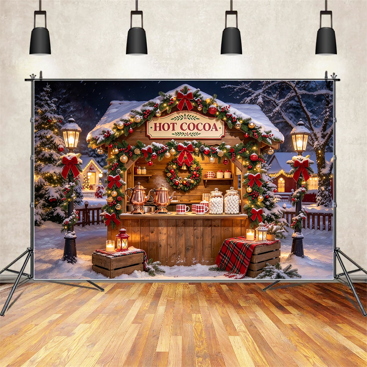 Christmas Backdrop Photography Snowy Hot Cocoa Stand White Christmas Backdrop UK ZTT69-66
