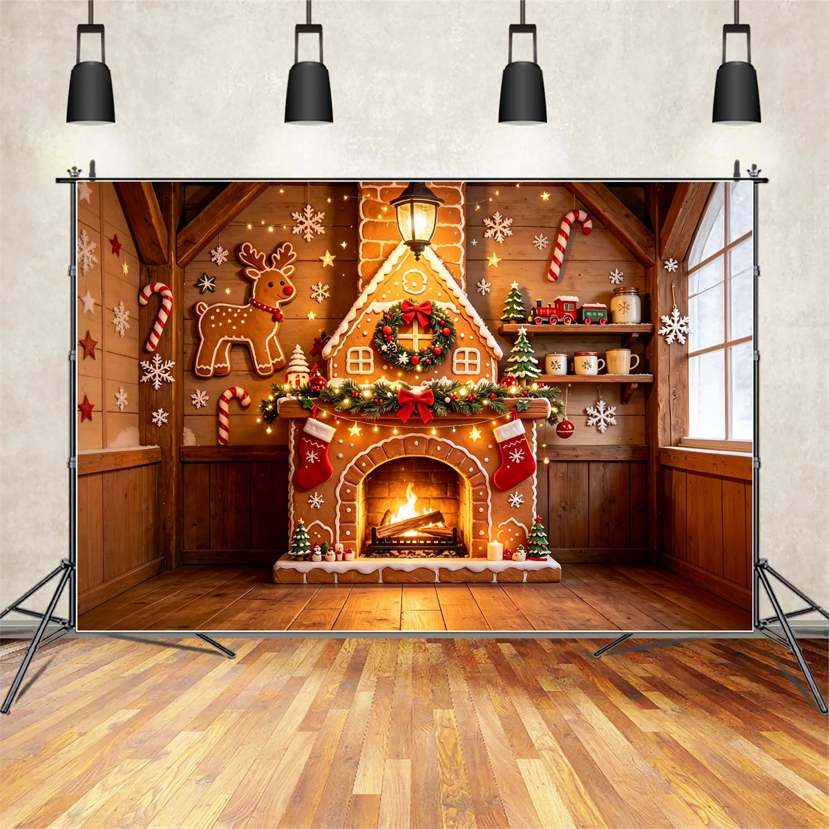 Gingerbread Christmas Backdrop Wooden Cabin Fireplace Cottage Wall Backdrop ChristmasUK ZTT69-7