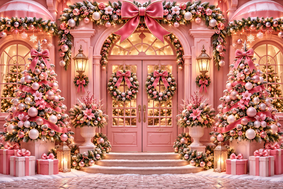 Outdoor Christmas Backdrop Pink Bow Doorway Display Pink Christmas Backdrop UK ZTT69-71