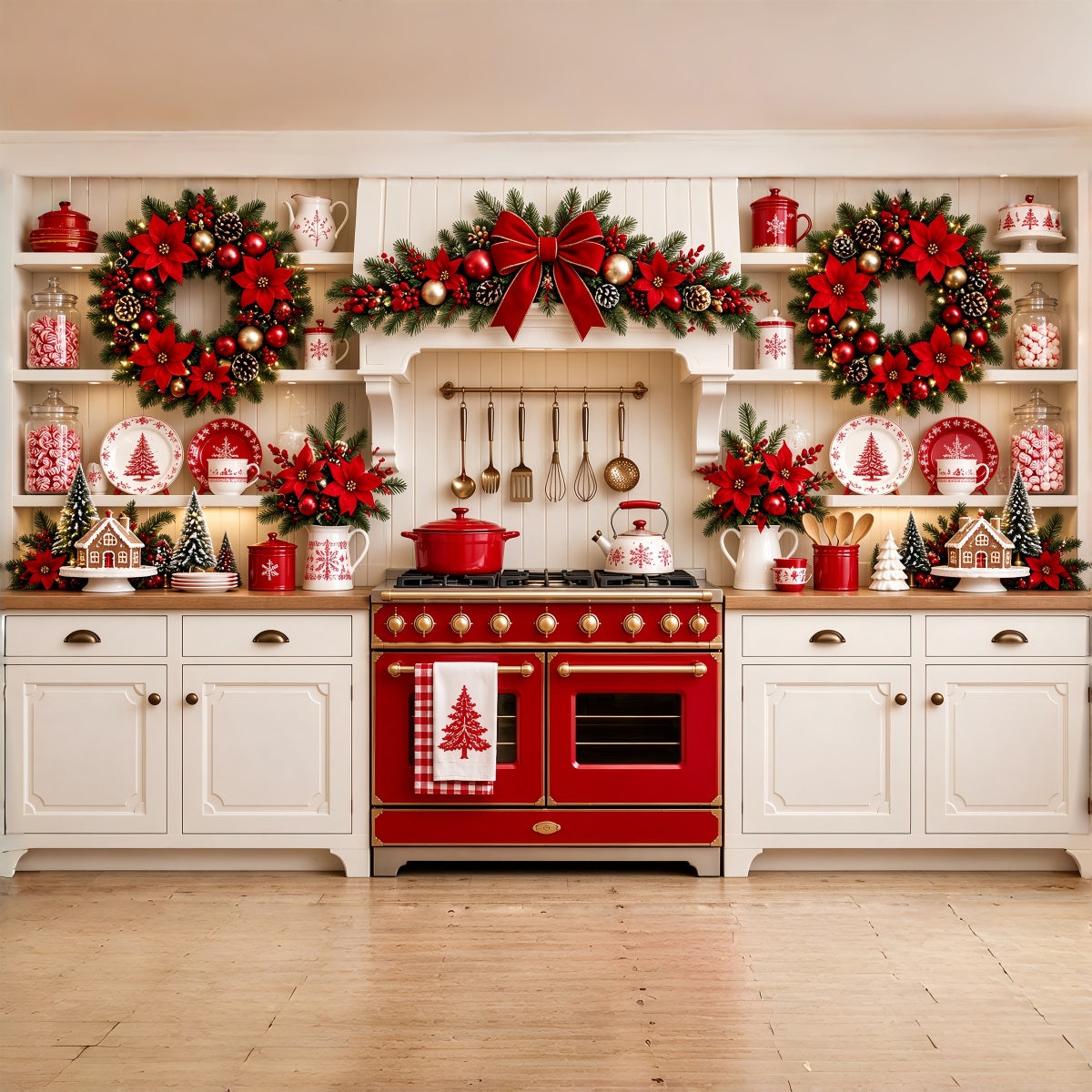 Christmas Kitchen Photo Backdrop Red Poinsettia Kitchen Display Christmas Window Backdrop UK ZTT69-77