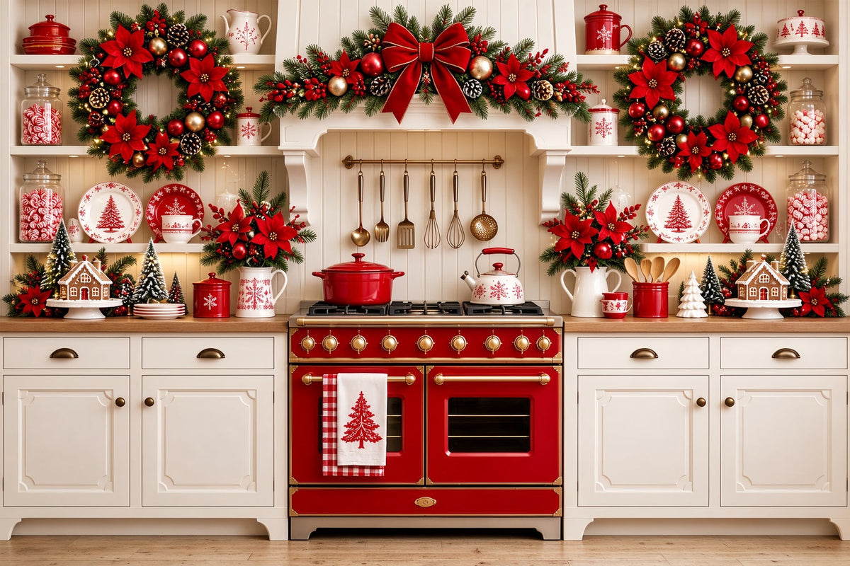 Christmas Kitchen Photo Backdrop Red Poinsettia Kitchen Display Christmas Window Backdrop UK ZTT69-77