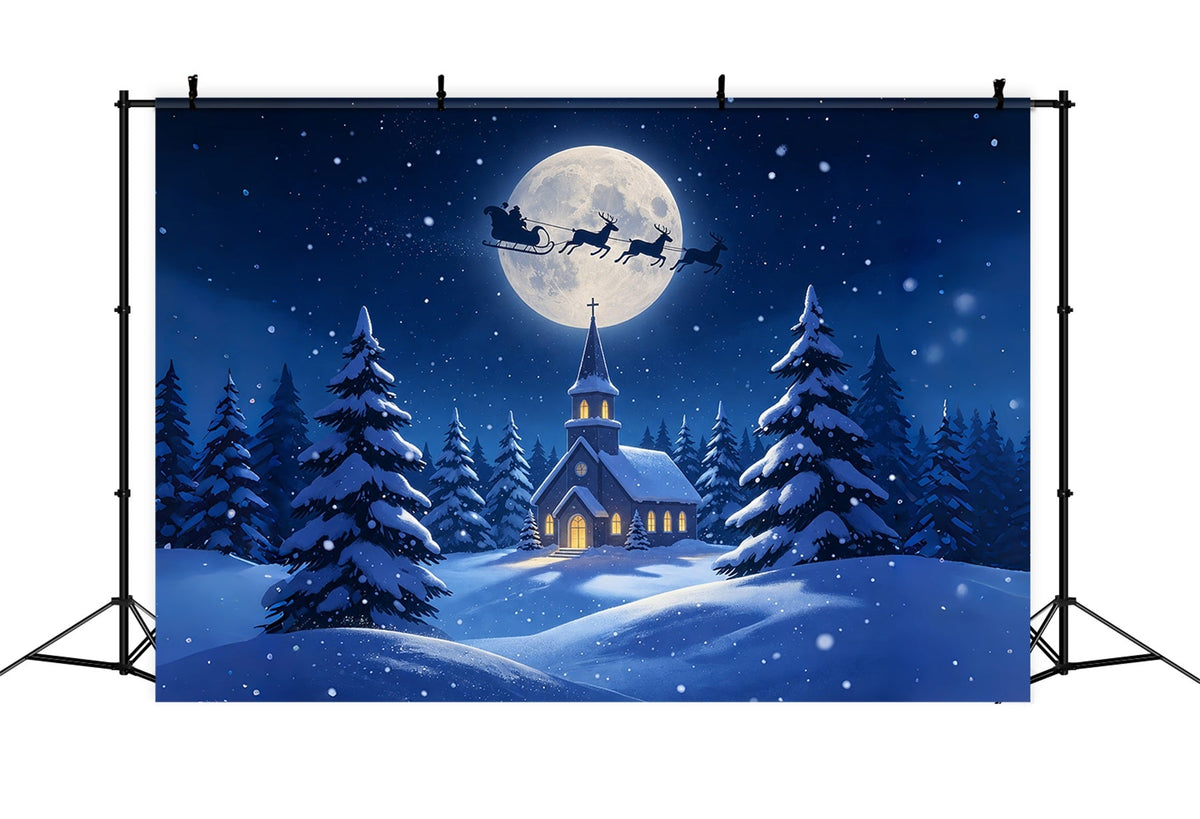 Christmas Night Backdrop Moonlit Church Snow Forest Muslin Christmas BackdropUK ZTT69-8