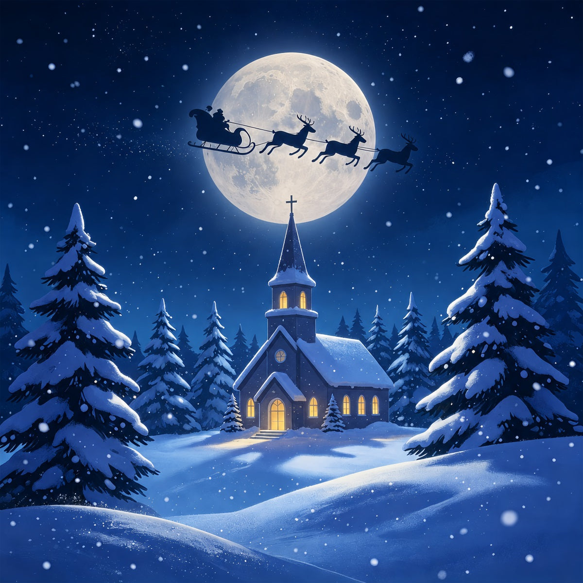 Christmas Night Backdrop Moonlit Church Snow Forest Muslin Christmas BackdropUK ZTT69-8