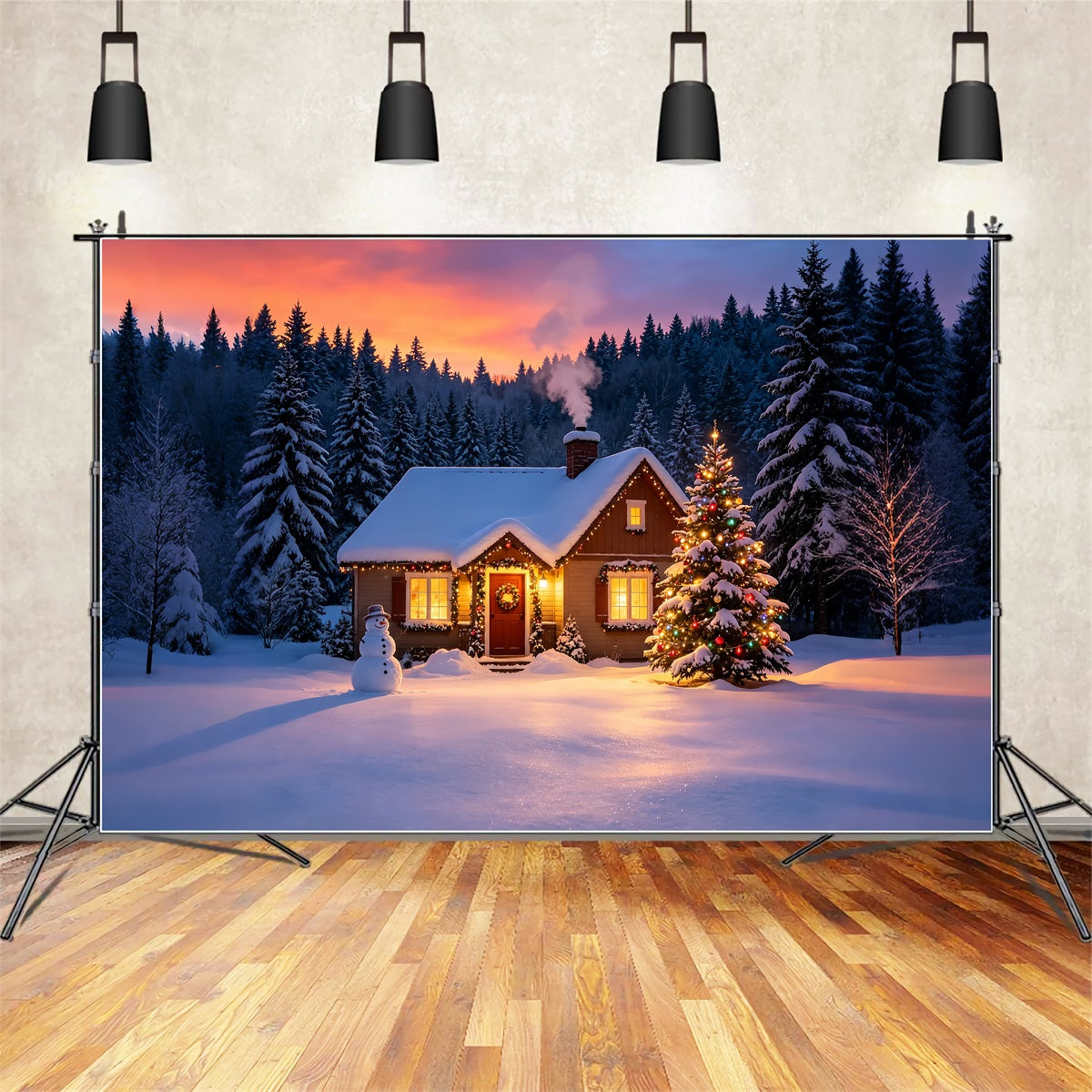 Snowy Christmas Backdrop Winter Cabin Sunset Glow Muslin Backdrop ChristmasUK ZTT69-9