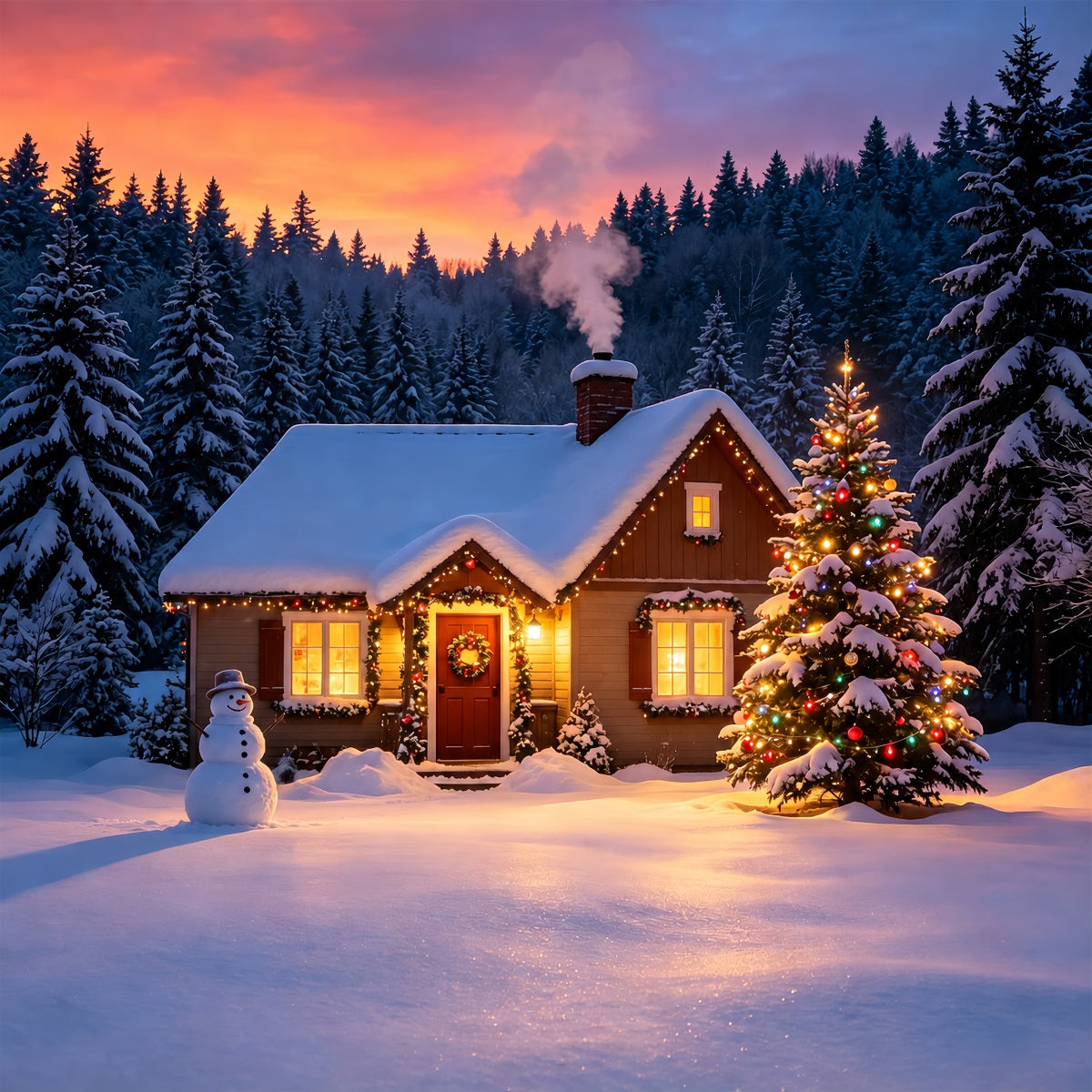 Snowy Christmas Backdrop Winter Cabin Sunset Glow Muslin Backdrop ChristmasUK ZTT69-9