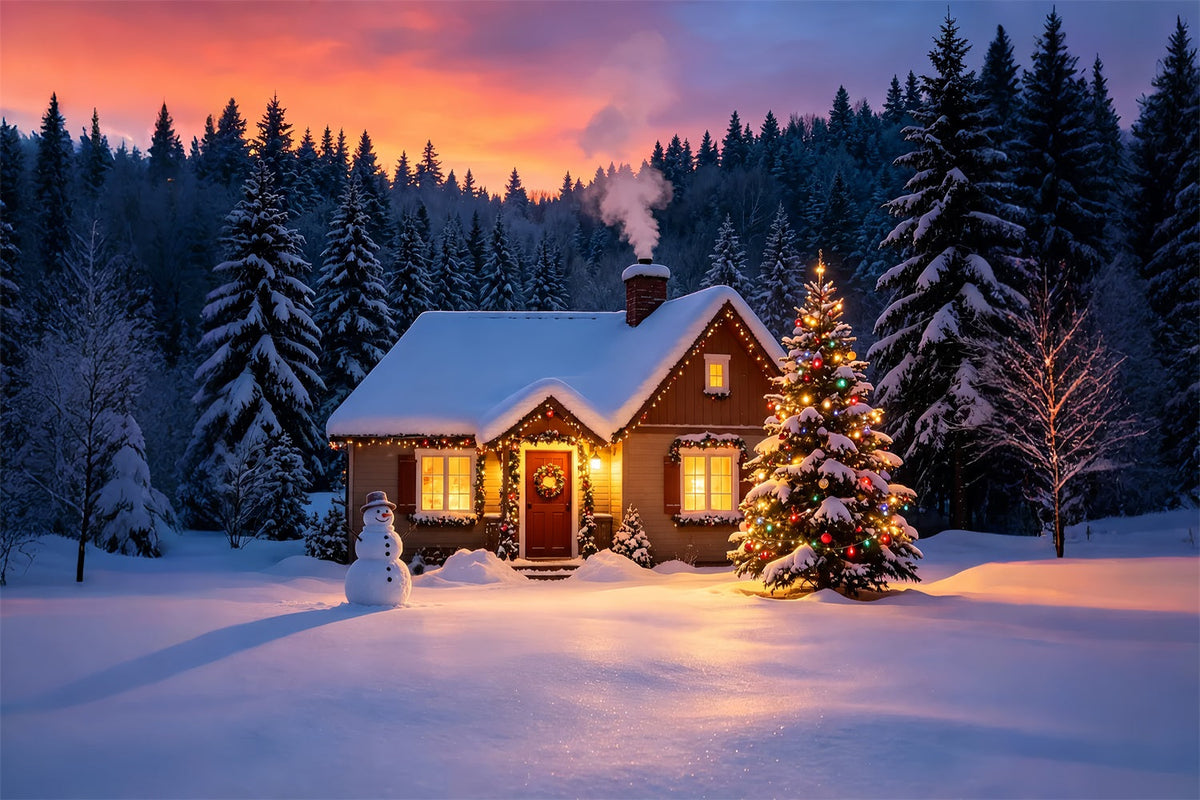 Snowy Christmas Backdrop Winter Cabin Sunset Glow Muslin Backdrop ChristmasUK ZTT69-9