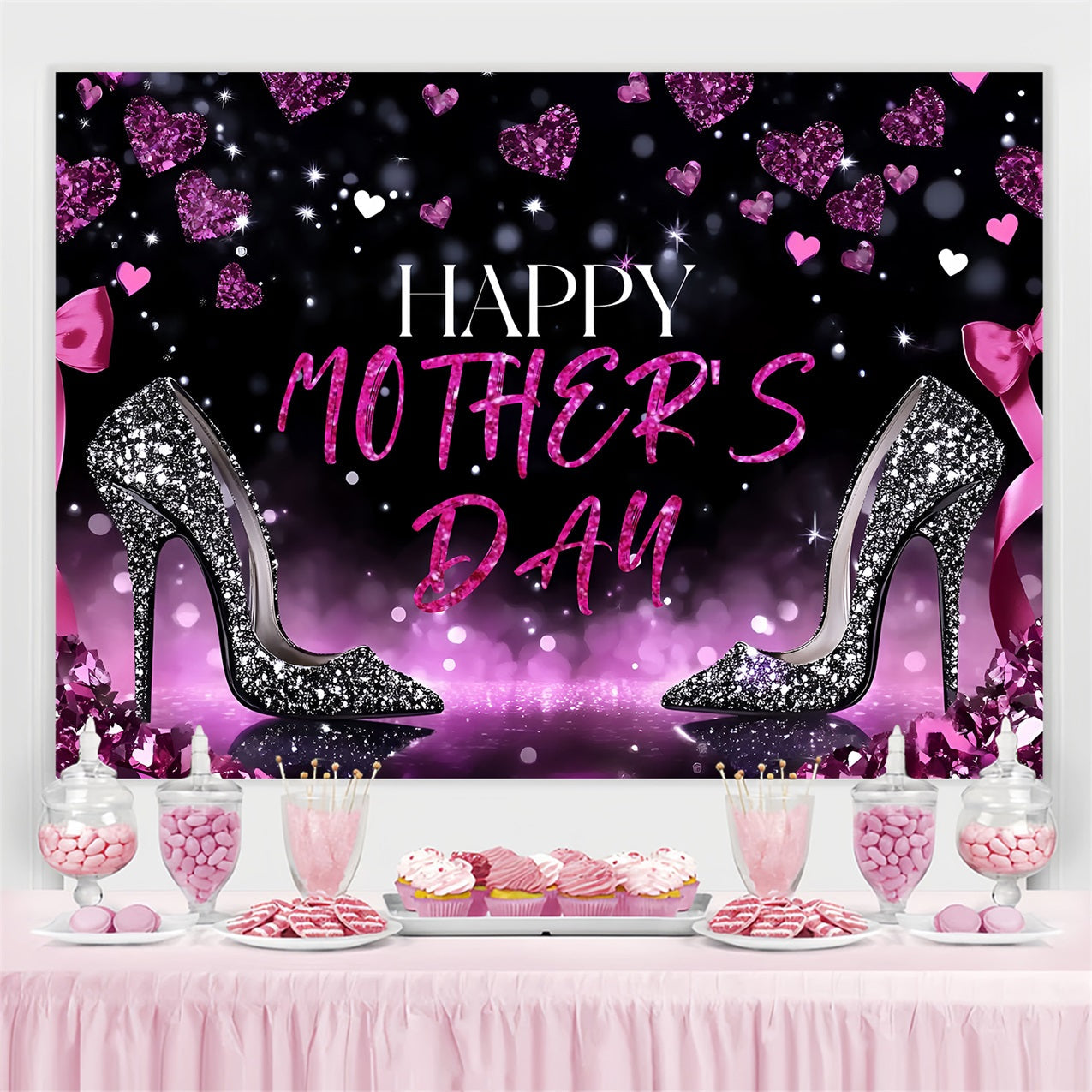 Mothers Day Photo Backdrop Heart Glitter Heels Customized Backdrop UK ZXY3-1
