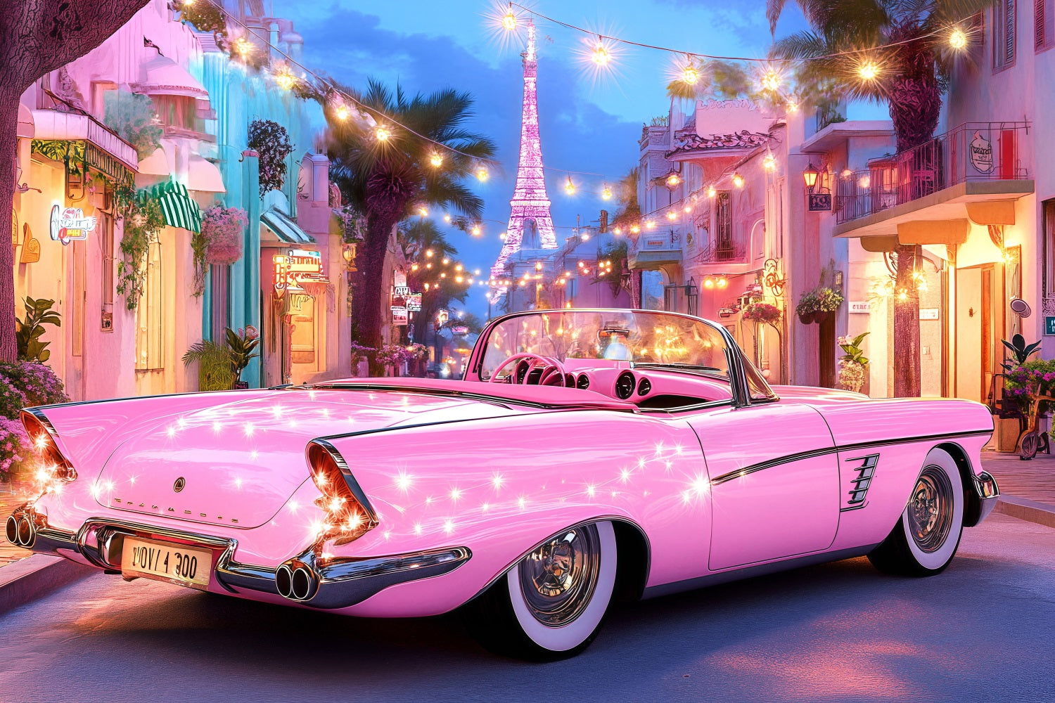 Summer Backdrop Pink Car Eiffel Lights Backdrop UK ZXY3-20