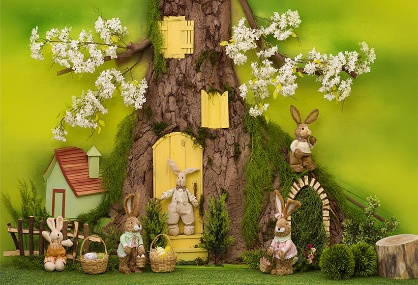 Bunny Rabbit Tree House Easter Backdrop UK D1073