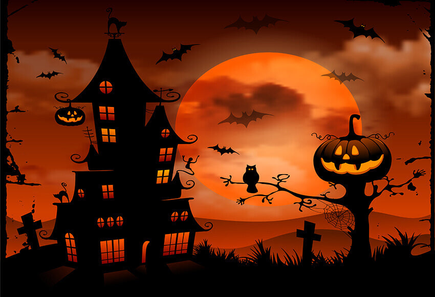 Dark Castle Light Moon Pumpkin Halloween Bat Photography Backdrop UK