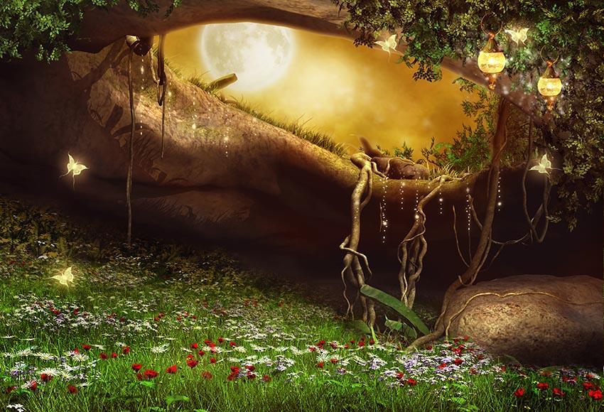 Moon Night Old Tree Butterfly Backdrop for Photos G-017