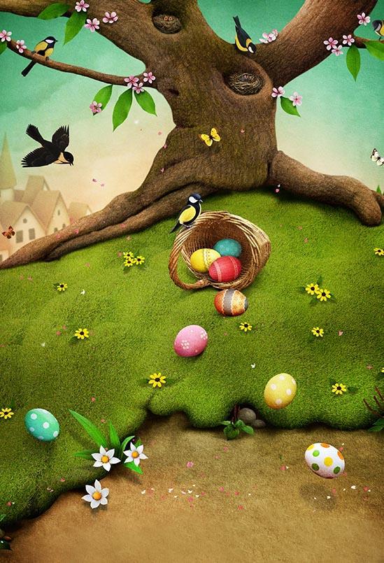 Colorful Easter Eggs Green Grass Spring Photo Backdrop S-3185