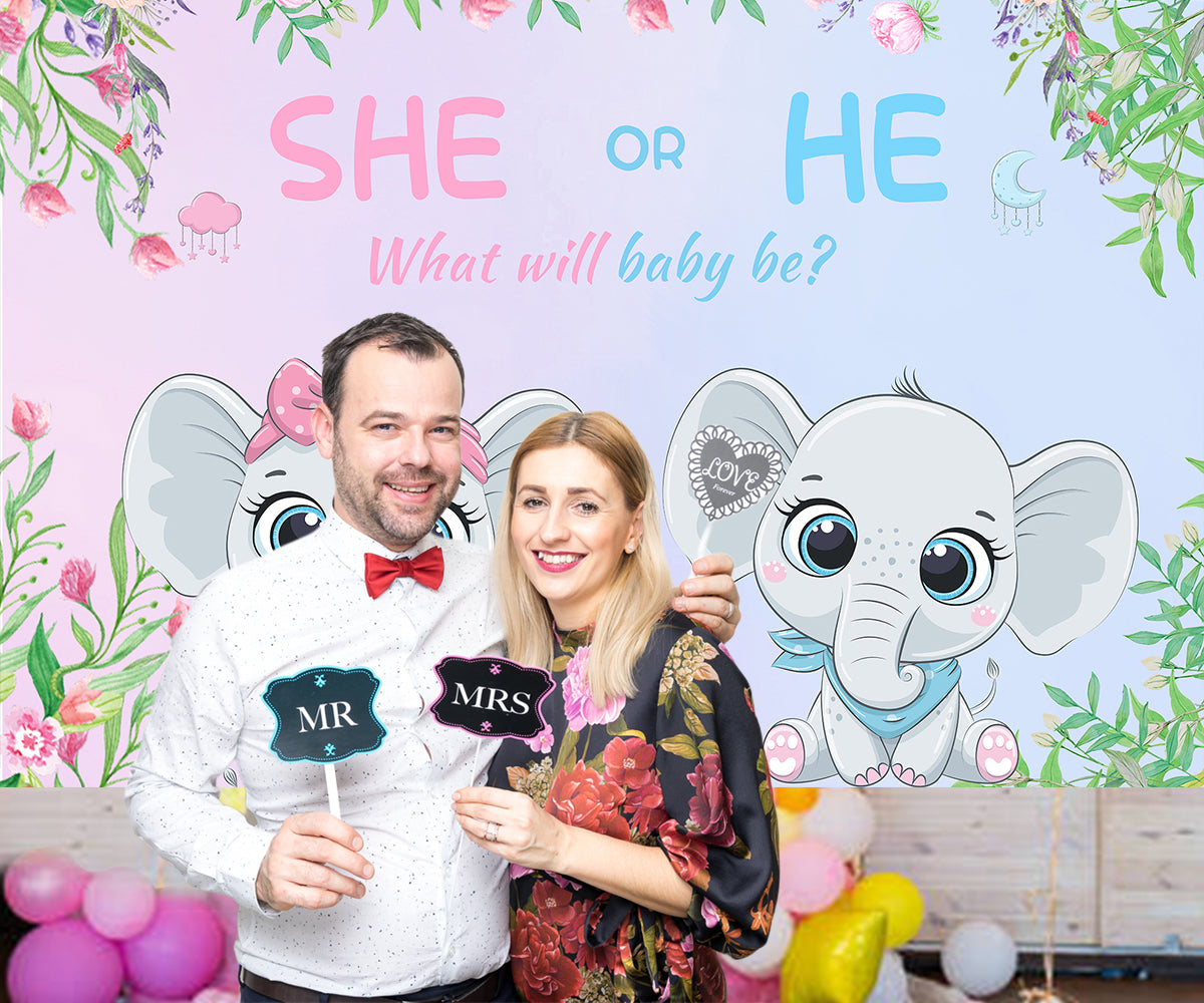 Elephant Flowers Custom Gender Reveal Backdrop TKH1530