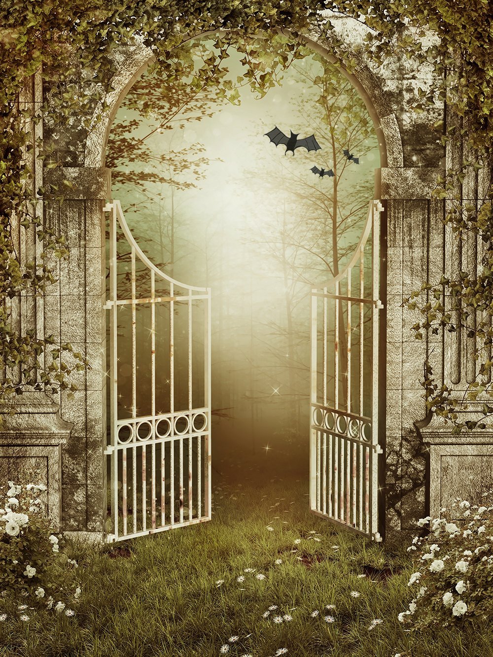 Flying Bats Background Iron Gate Backdrop UK Halloween Festival Backdrop UK DBD-P19083