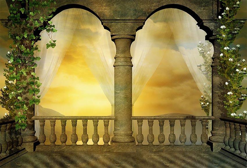 Old Castle Gothic Stone Architecture Rose Photography Backdrop LV-162