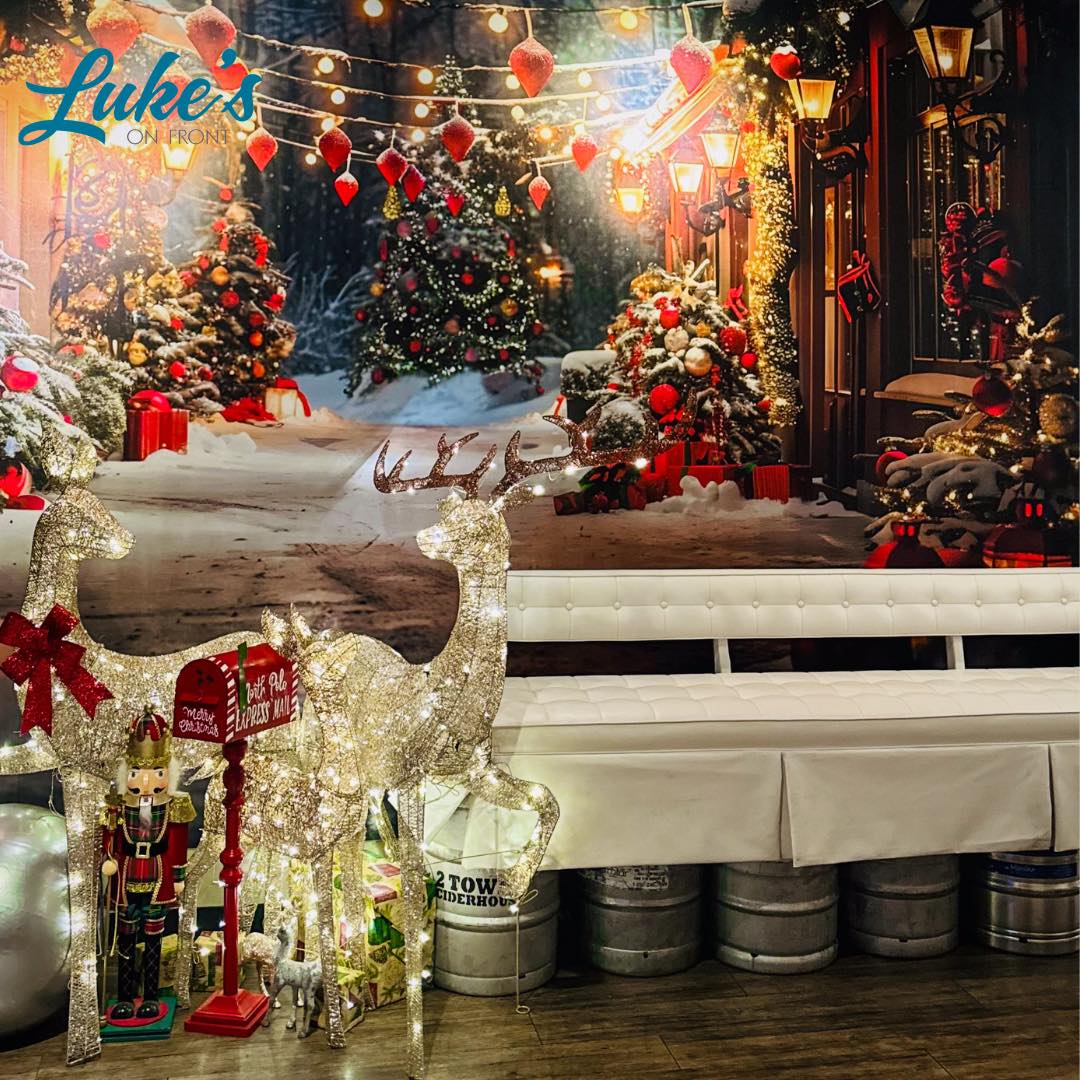 Christmas Village Lane Trees Lanterns Backdrop UK RR7-683