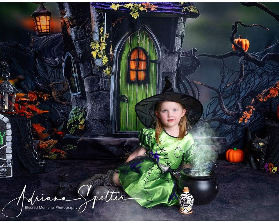 Spooky Halloween Backdrop Haunted House Green Door Lights Halloween Backdrop UK MRR9-131