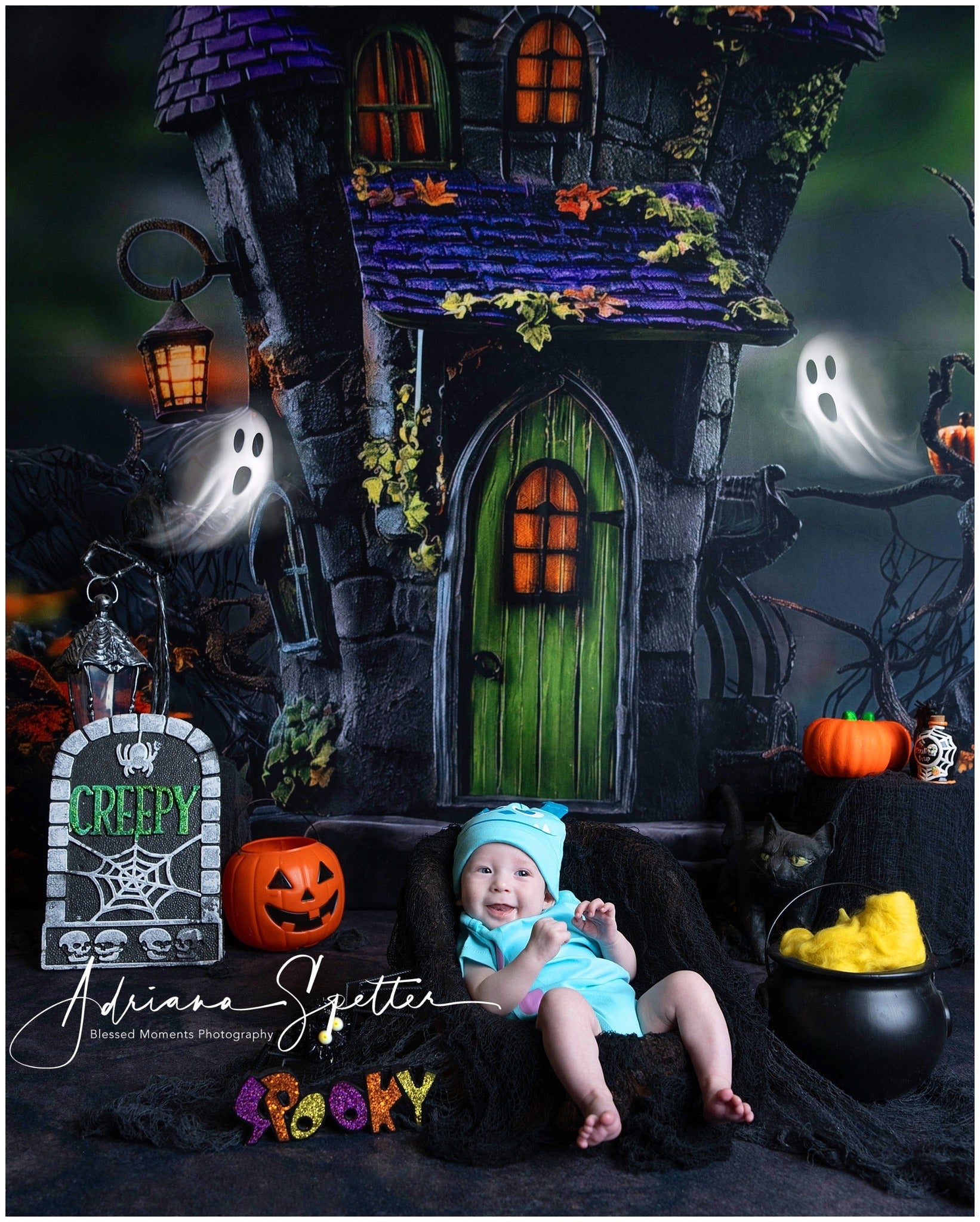 Spooky Halloween Backdrop Haunted House Green Door Lights Halloween Backdrop UK MRR9-131