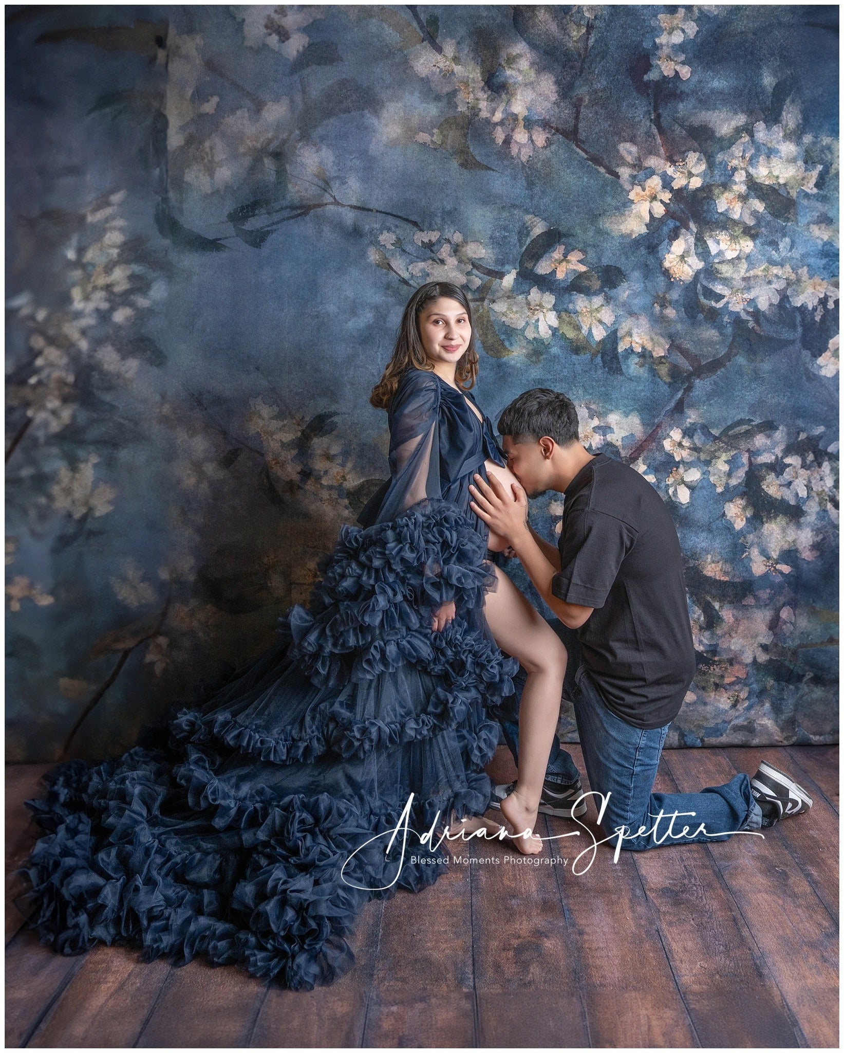 Flower Photography Backdrop Dark Blue Blossom Branches Floral Backdrop UK MRR9-124