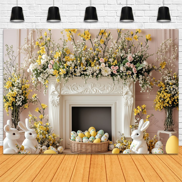 Easter Backdrop Photo Blooming Fireplace Bunny Scene Backdrop UK BRP1-272