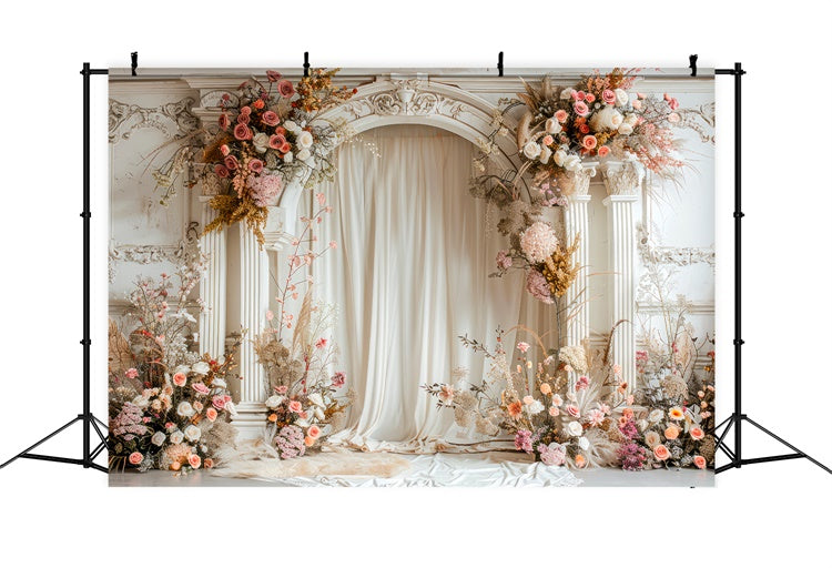 Flower Photo Backdrop Ivory Rose Arched Pillar Backdrop UK BRP1-357