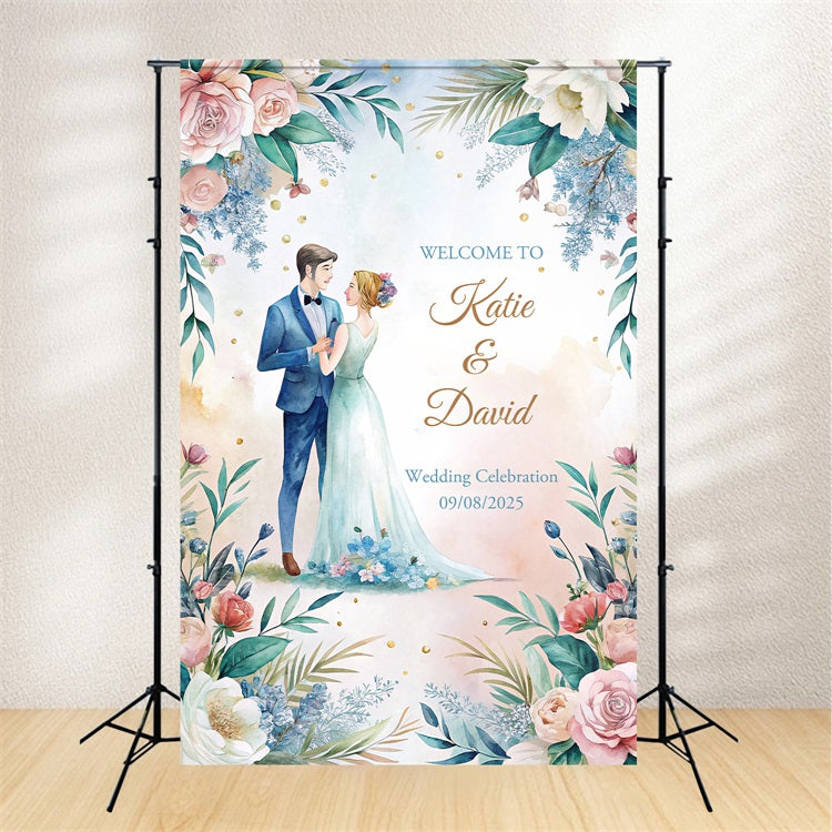 Personalized Wedding Photo Backdrop Watercolor Floral Celebration Backdrop UK BRP1-429
