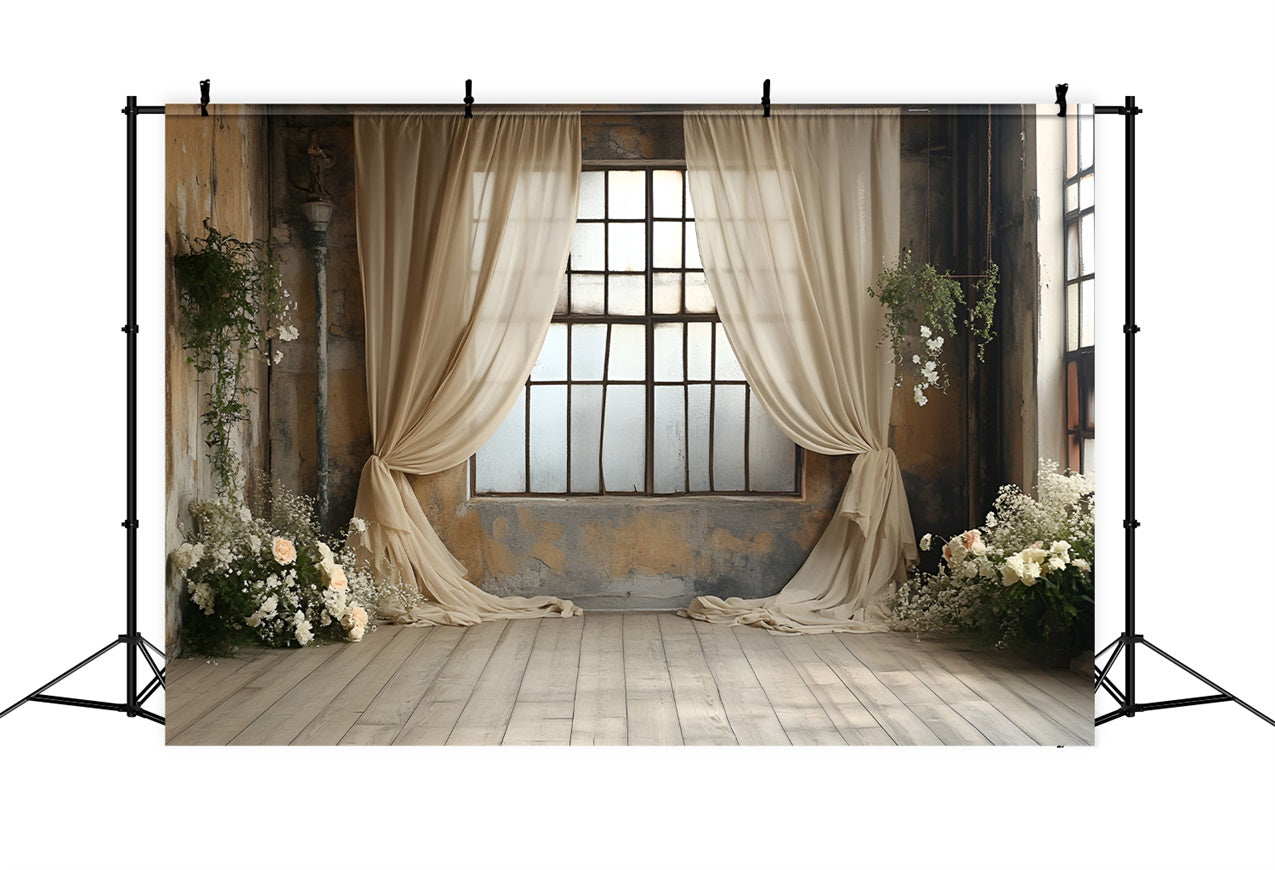 Boudoir Photo Backdrops Beige Curtains Floral Window Backdrop UK BRP1-488